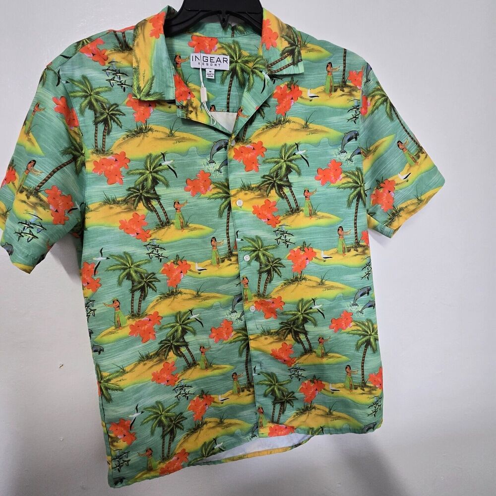 INGEAR Resort Tropical Hawaiian Tiki Shirt‎ Toucan Skulls Palm Trees Pineapple M